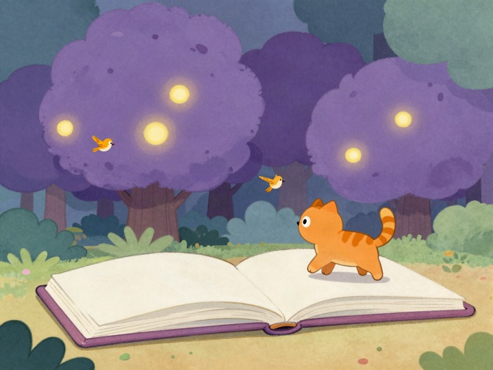 An orange cat walking across a giant open book in a purple forest